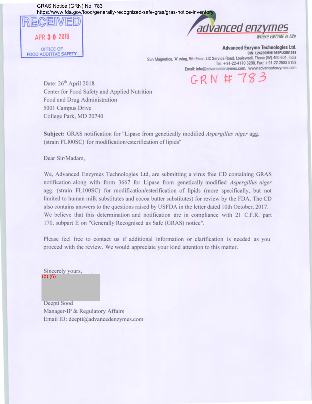 GRAS Notice 783 for Triacylglycerol Lipase from Rhizopus Oryzae Produced in Aspergillus Niger
