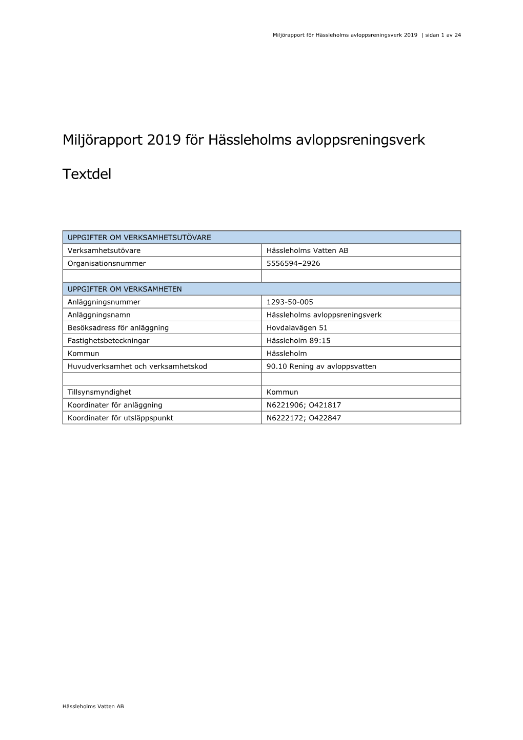 Miljörapport Reningsverket Hässleholm