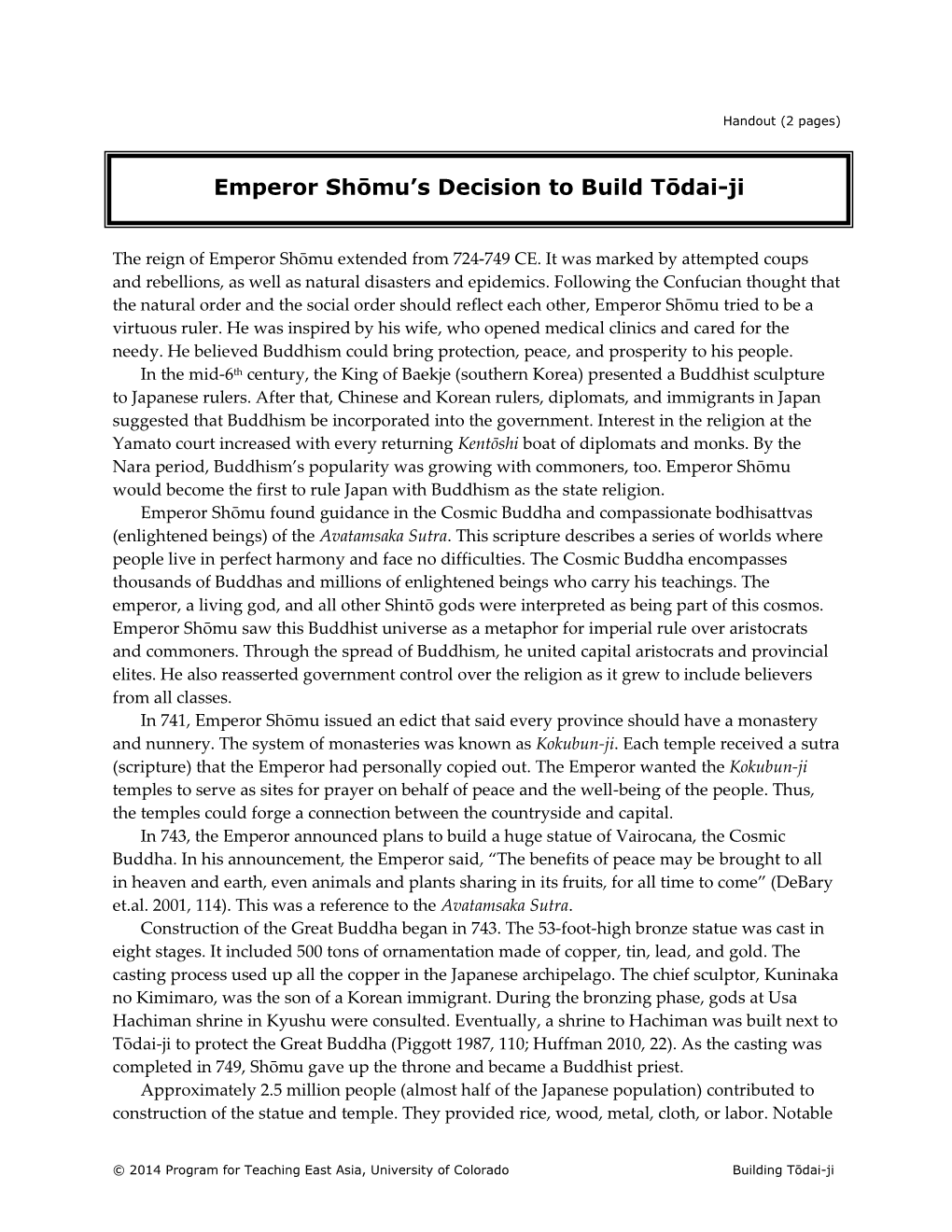 Emperor Shōmu's Decision to Build Tōdai-Ji