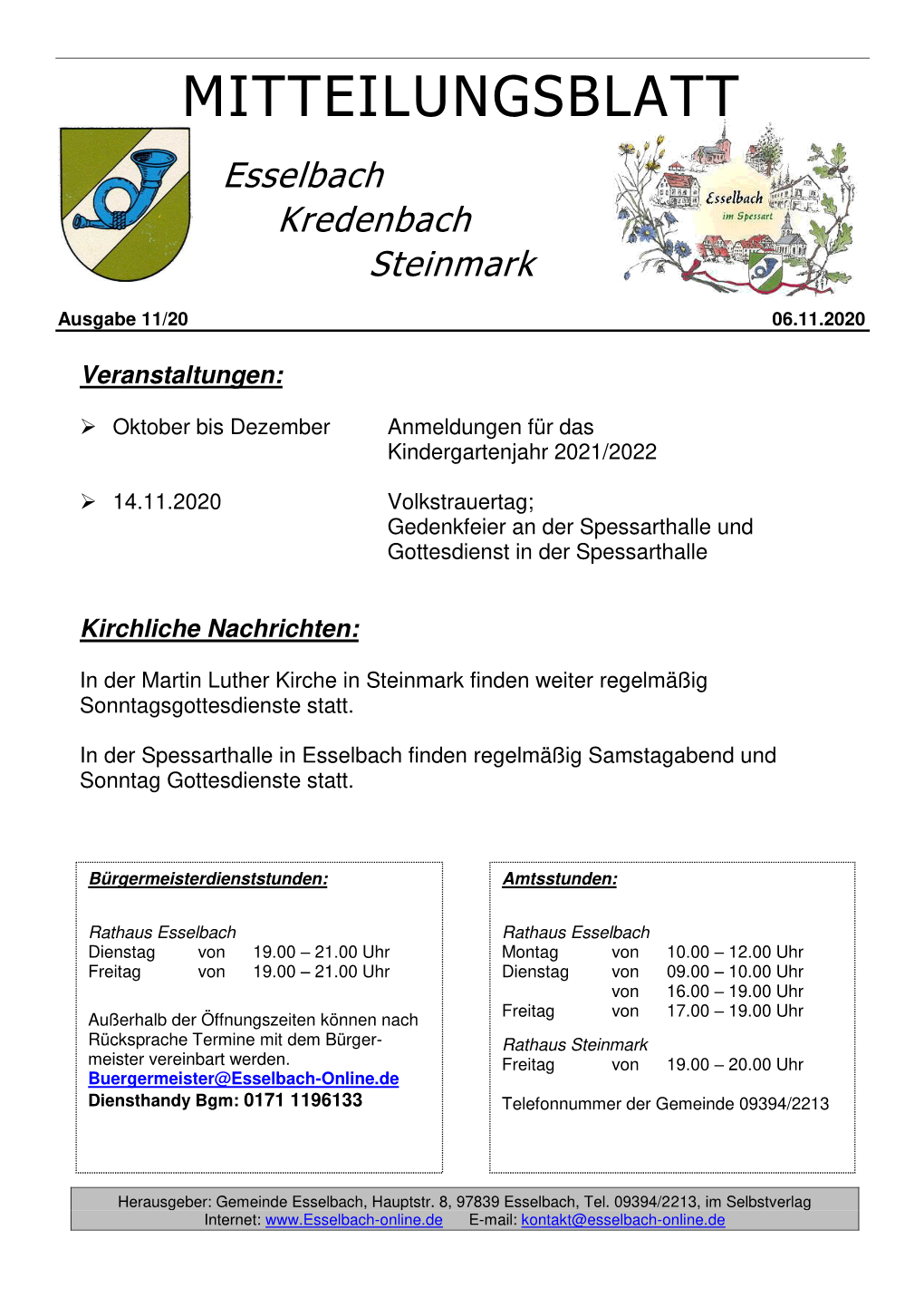 Arzt- Und Apothekendienstplan Für Die Gemeinden Bischbrunn Und Esselbach