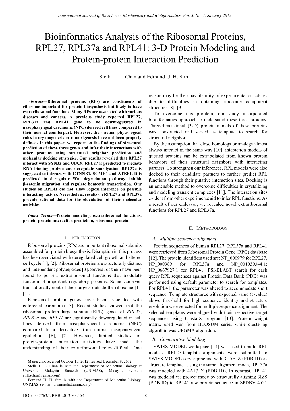 Bioinformatics Analysis of the Ribosomal Proteins, RPL27, Rpl37a and RPL41: 3-D Protein Modeling and Protein-Protein Interaction Prediction