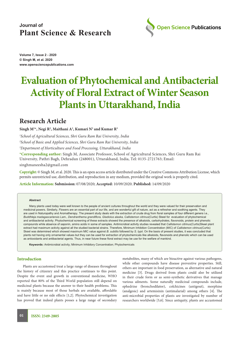 Evaluation of Phytochemical and Antibacterial Activity of Floral Extract of Winter Season Plants in Uttarakhand, India