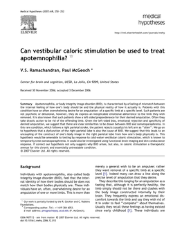 Can Vestibular Caloric Stimulation Be Used to Treat Apotemnophilia? Q
