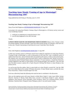Teaching Anne Moody *Coming of Age in Mississippi* Discussion/Aug 1997
