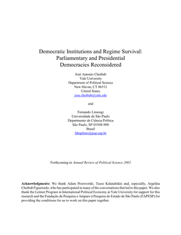 Parliamentary and Presidential Democracies Reconsidered