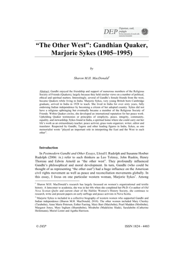 “The Other West”: Gandhian Quaker, Marjorie Sykes (1905–1995)