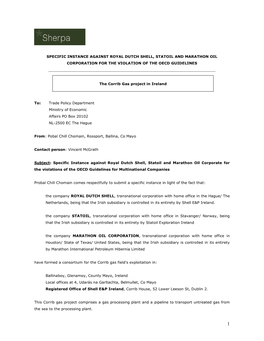 Specific Instance Against Royal Dutch Shell, Statoil and Marathon Oil Corporation for the Violation of the Oecd Guidelines ______