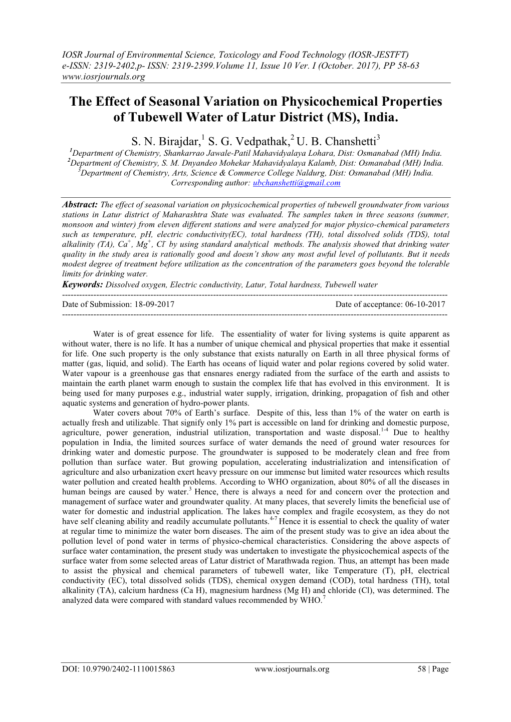 The Effect of Seasonal Variation on Physicochemical Properties of Tubewell Water of Latur District (MS), India