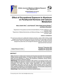 Effect of Occupational Exposure to Aluminum on Parathyroid Hormone and Calcium Metabolism