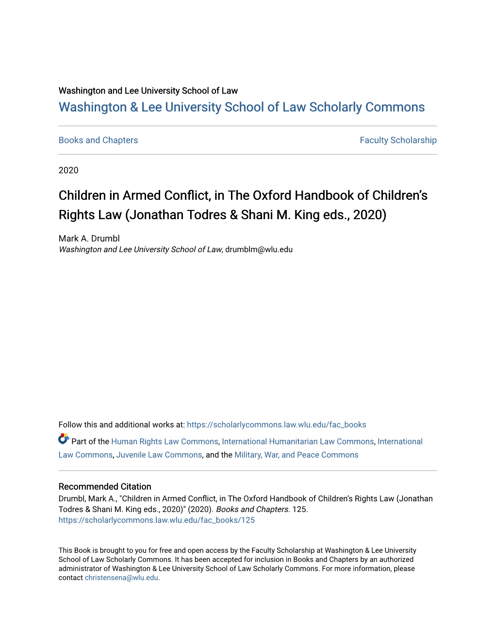 Children in Armed Conflict, in the Oxford Handbook of Childrenâ•Žs