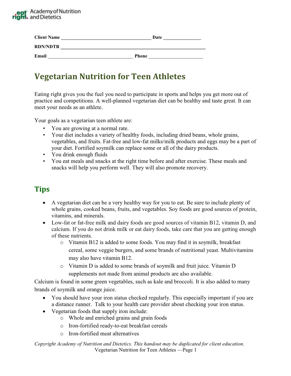 Vegetarian Nutrition for Teen Athletes