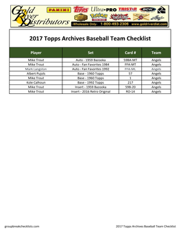 2017 Topps Archives Baseball Team Checklist