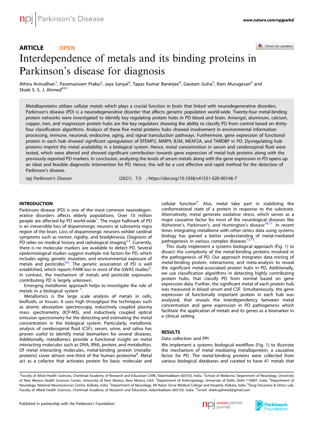 Interdependence of Metals and Its Binding Proteins in Parkinson's