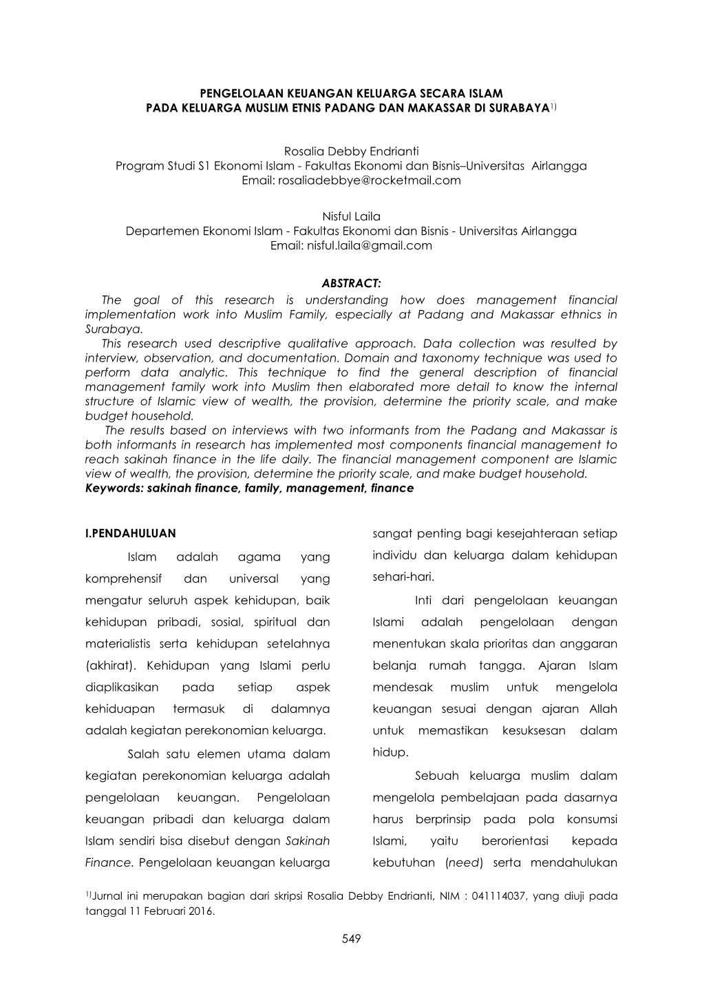 Pengelolaan Keuangan Keluarga Secara Islam Pada Keluarga Muslim Etnis Padang Dan Makassar Di Surabaya1)