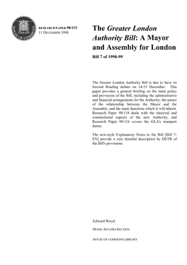 Greater London Authority Bill: a Mayor and Assembly for London