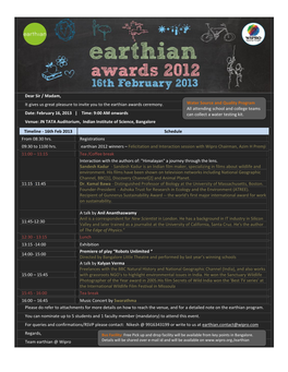 Dear Sir / Madam, It Gives Us Great Pleasure to Invite You to the Earthian Awards Ceremony. Date