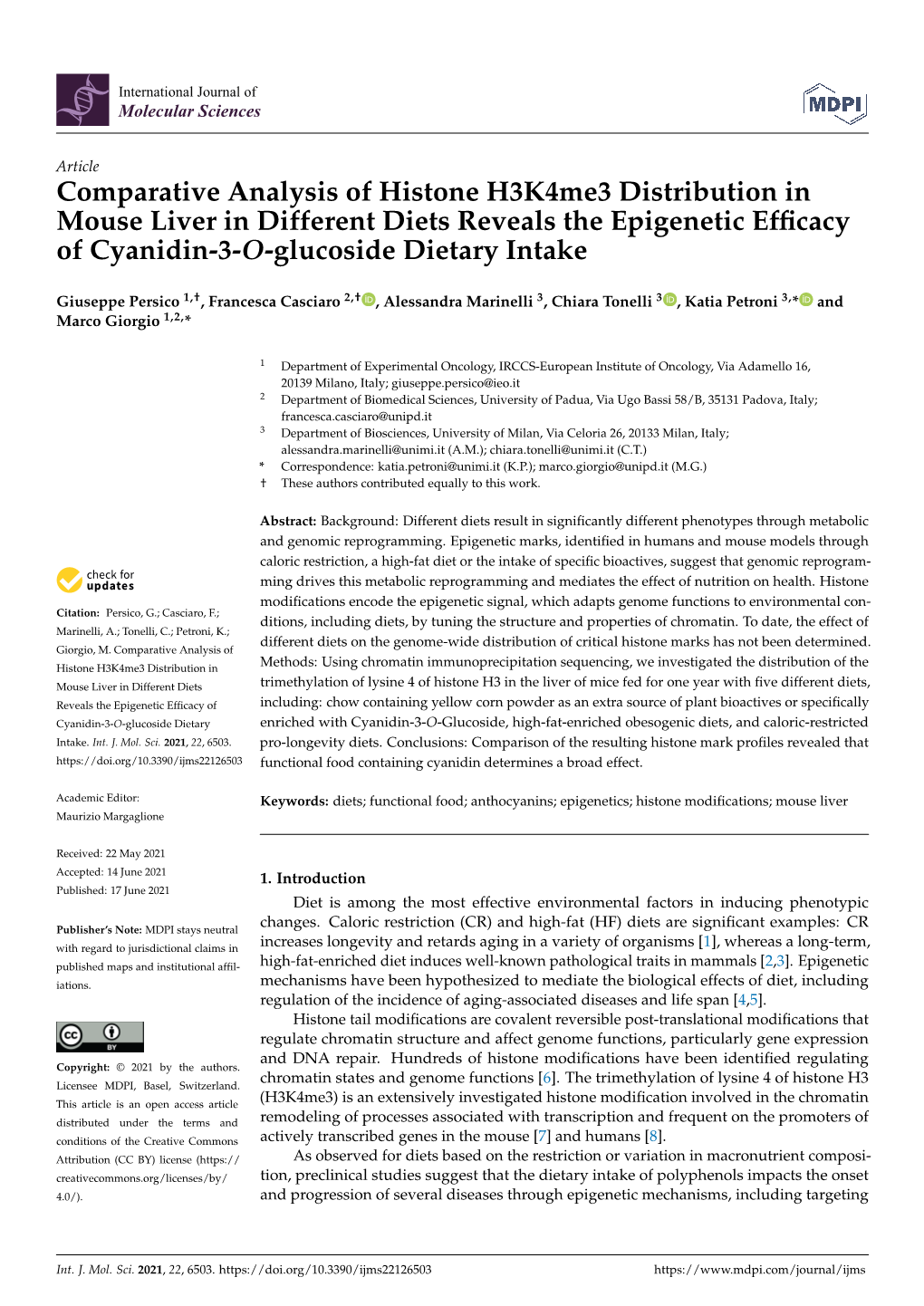 Comparative Analysis of Histone H3k4me3 Distribution in Mouse Liver in Different Diets Reveals the Epigenetic Efﬁcacy of Cyanidin-3-O-Glucoside Dietary Intake