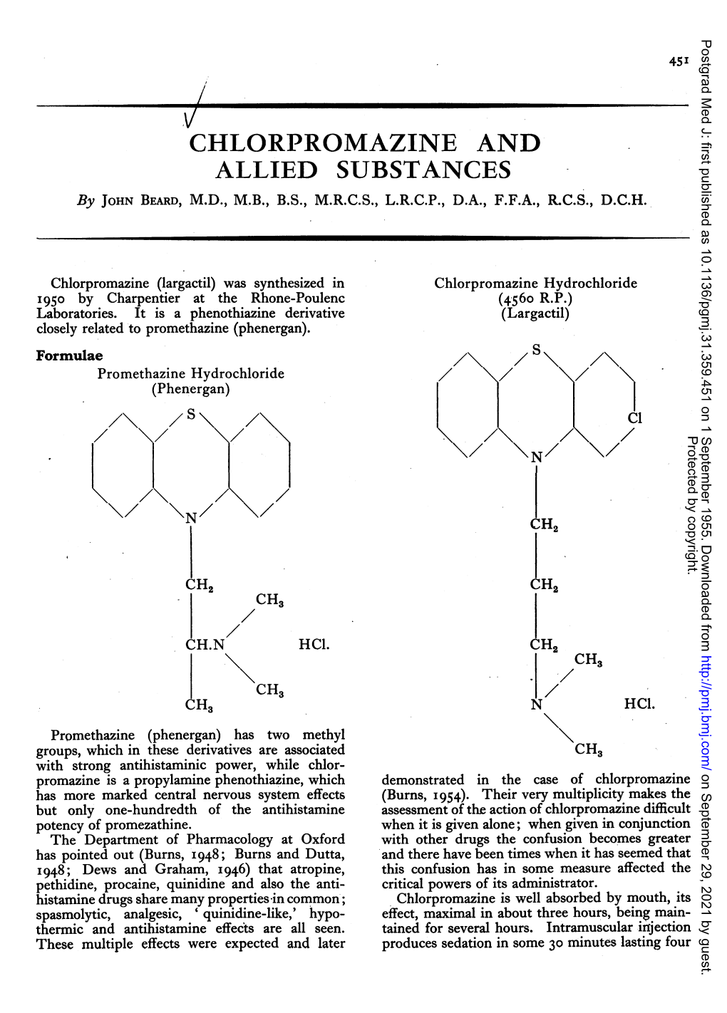 CHLORPROMAZINE and ALLIED SUBSTANCES by JOHN BEARD, M.D., M.B., B.S., M.R.C.S., L.R.C.P., D.A., F.F.A., R.C.S., D.C.H