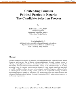 Contending Issues in Political Parties in Nigeria: the Candidate Selection Process