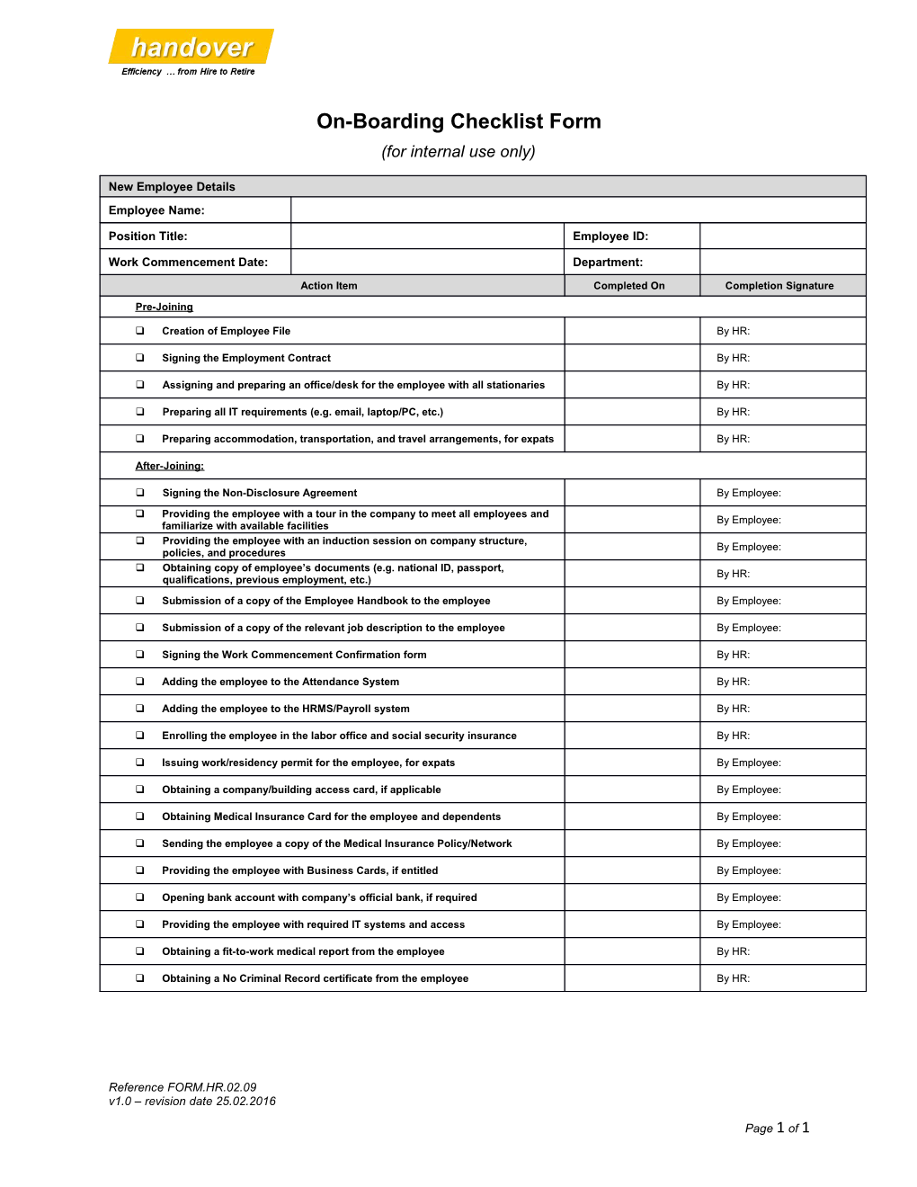 On-Boarding Checklist