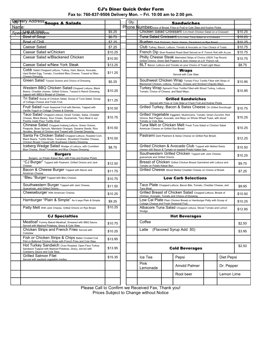 CJ S Diner Quick Order Form