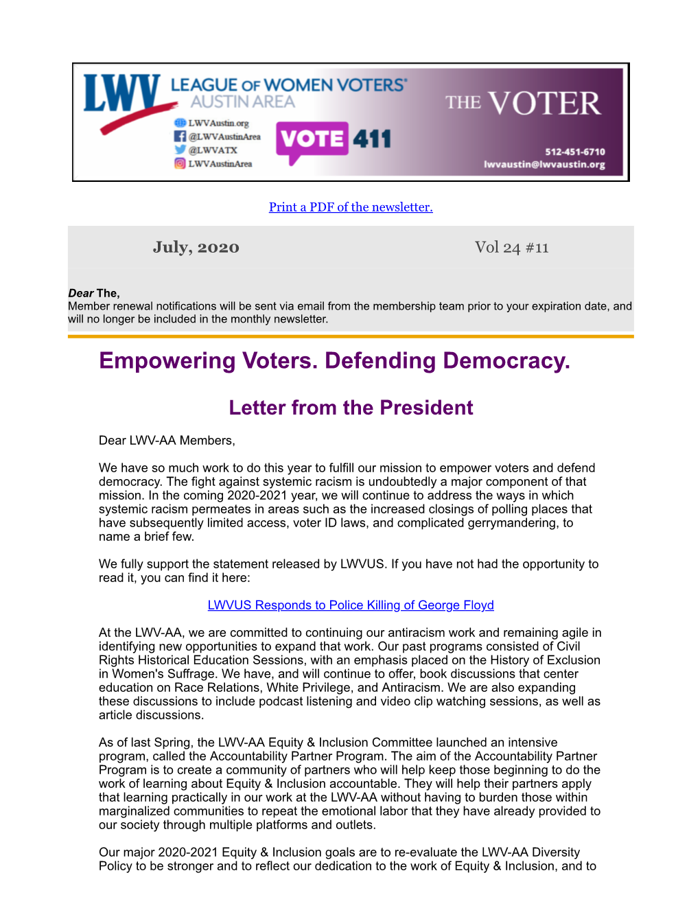 July 2020 Voter Newsletter