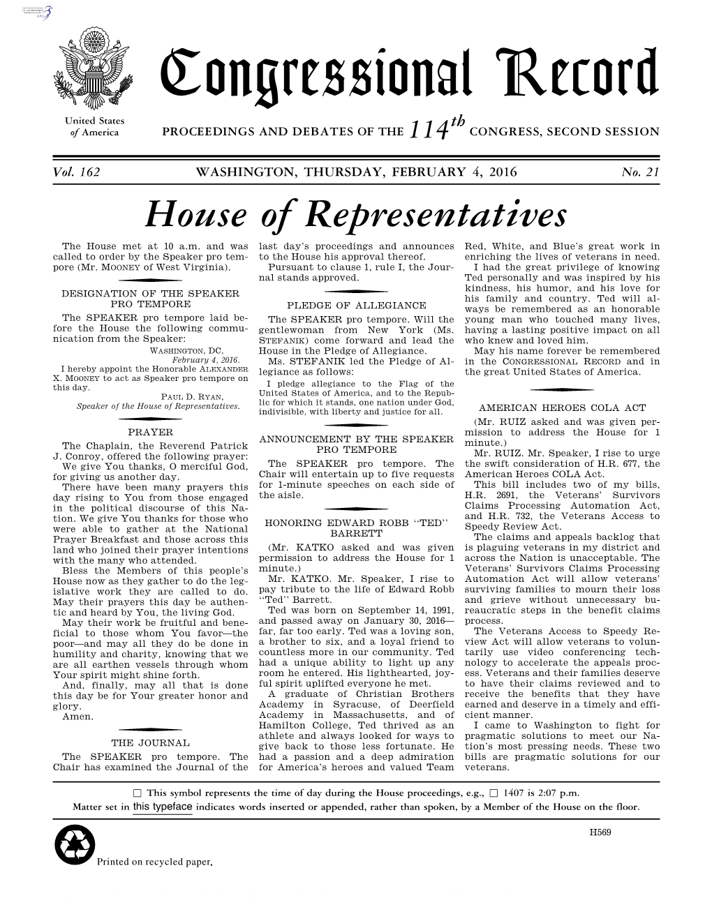 Congressional Record United States Th of America PROCEEDINGS and DEBATES of the 114 CONGRESS, SECOND SESSION