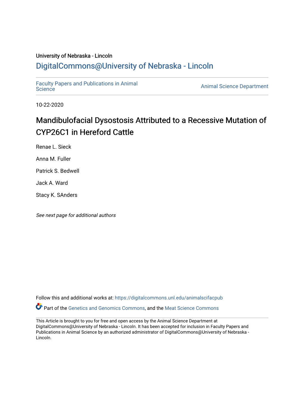 Mandibulofacial Dysostosis Attributed to a Recessive Mutation of CYP26C1 in Hereford Cattle