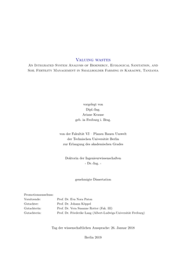 Valuing Wastes an Integrated System Analysis of Bioenergy, Ecological Sanitation, and Soil Fertility Management in Smallholder Farming in Karagwe, Tanzania