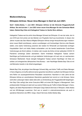 Medienmitteilung Ethiopian Airlines DE Juni 2021 – New Area Manager