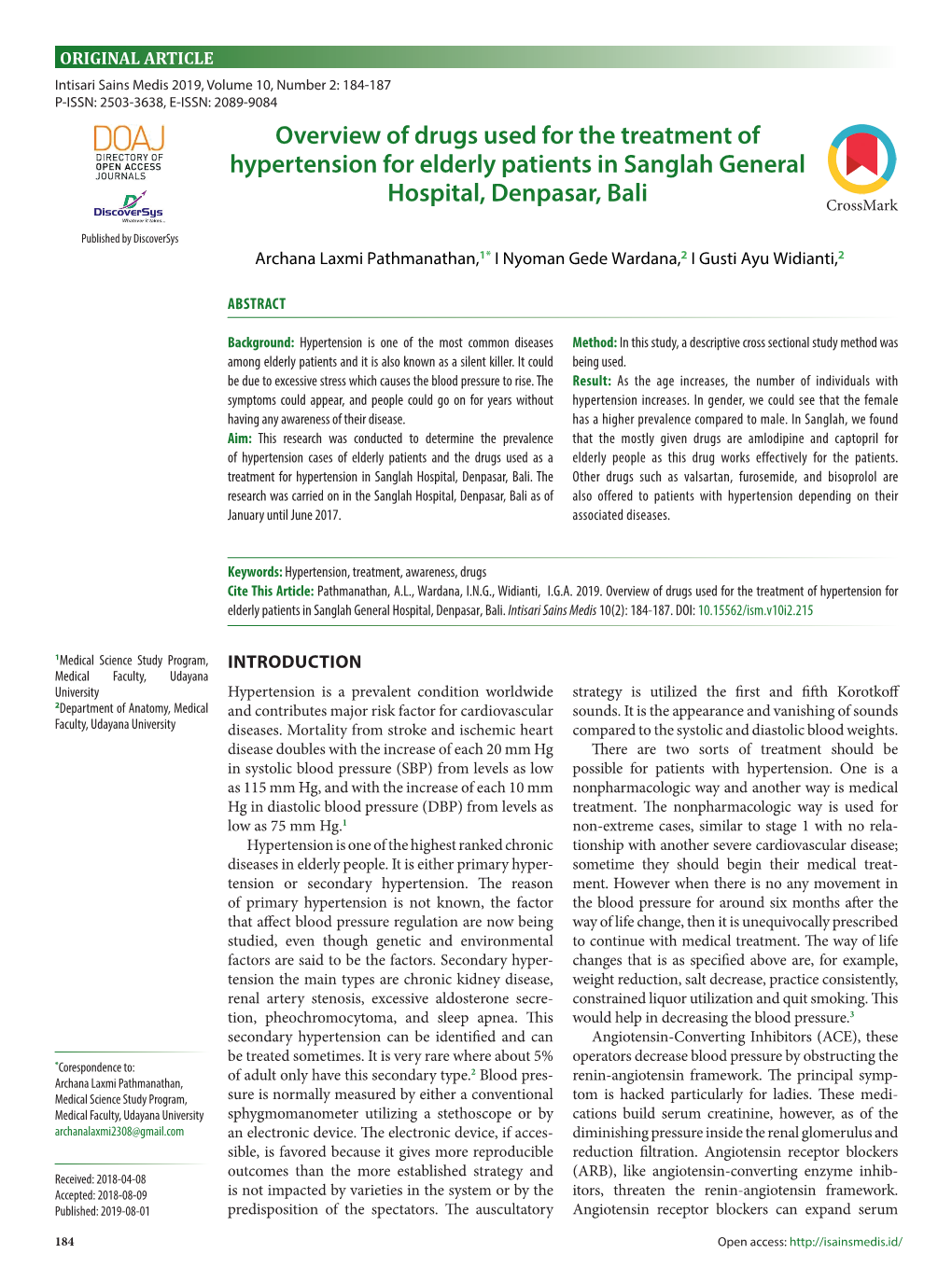 Overview of Drugs Used for the Treatment of Hypertension for Elderly Patients in Sanglah General Hospital, Denpasar, Bali