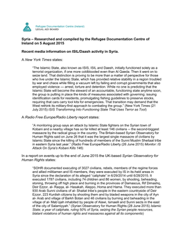 Syria – Researched and Compiled by the Refugee Documentation Centre of Ireland on 5 August 2015