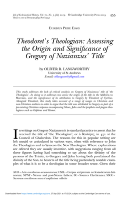 Theodoret's Theologian: Assessing the Origin and Significance of Gregory of Nazianzus' Title