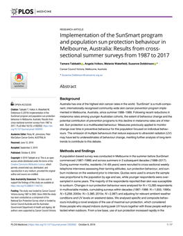 Implementation of the Sunsmart Program and Population Sun Protection Behaviour in Melbourne, Australia: Results from Cross- Sectional Summer Surveys from 1987 to 2017