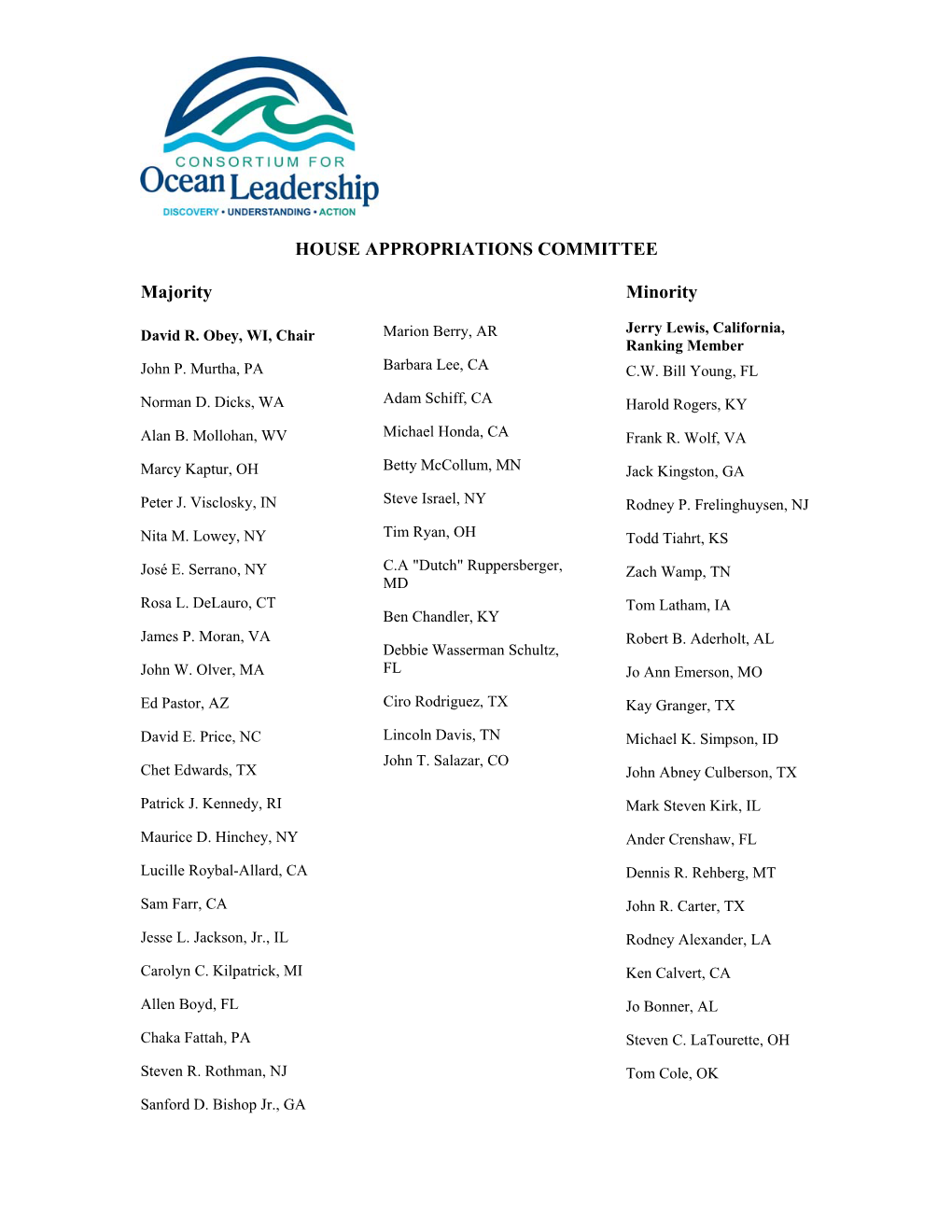 HOUSE APPROPRIATIONS COMMITTEE Majority Minority