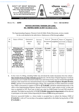 GOVT of WEST BENGAL PUBLIC WORKS DEPARTMENT Office of the Superintending Engineer Western Circle II P-5, C.I.T