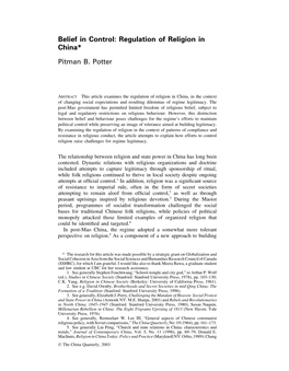 Belief in Control: Regulation of Religion in China* Pitman B. Potter