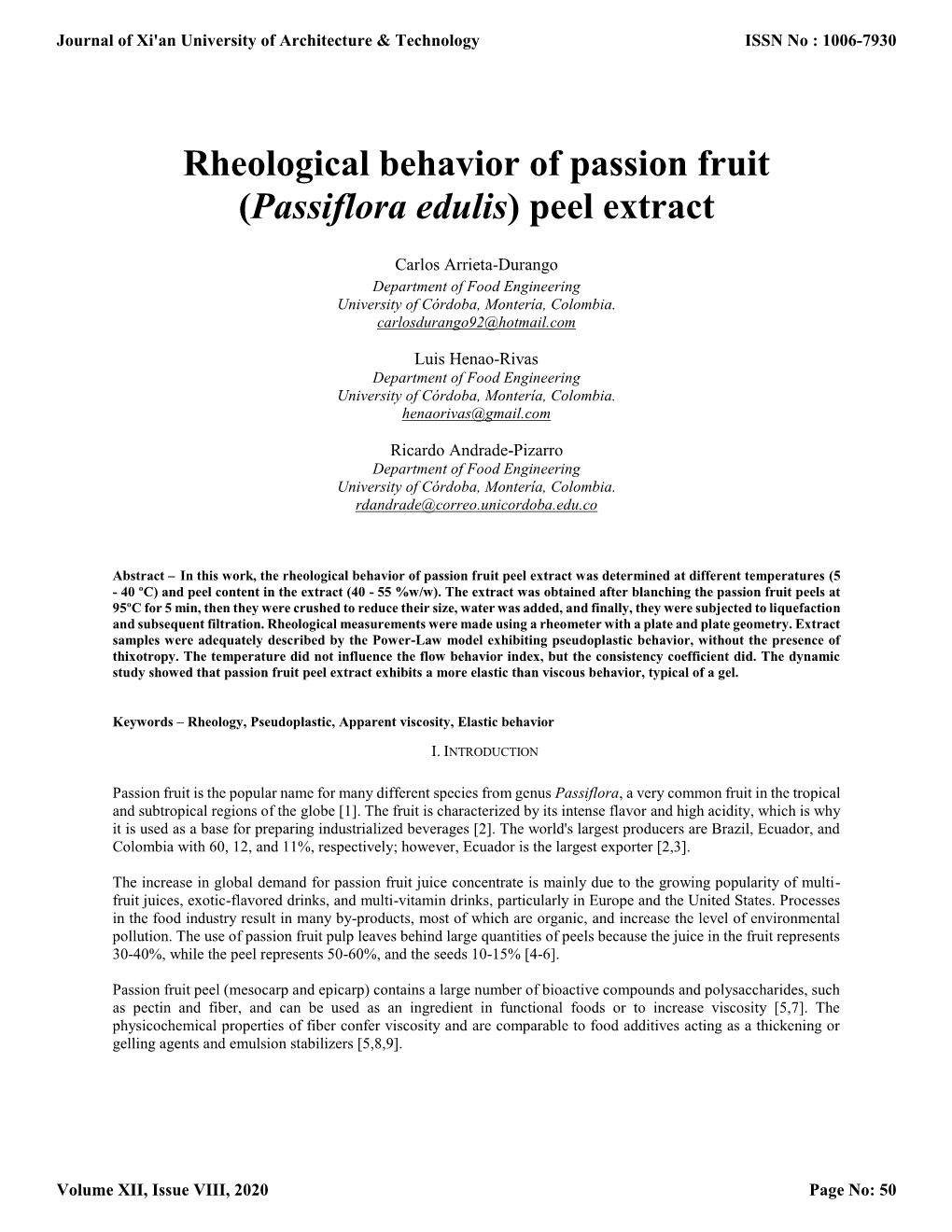 Rheological Behavior of Passion Fruit (Passiflora Edulis) Peel Extract