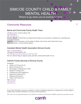 SIMCOE COUNTY CHILD & FAMILY MENTAL HEALTH Where to Go When You’Re Looking for Help