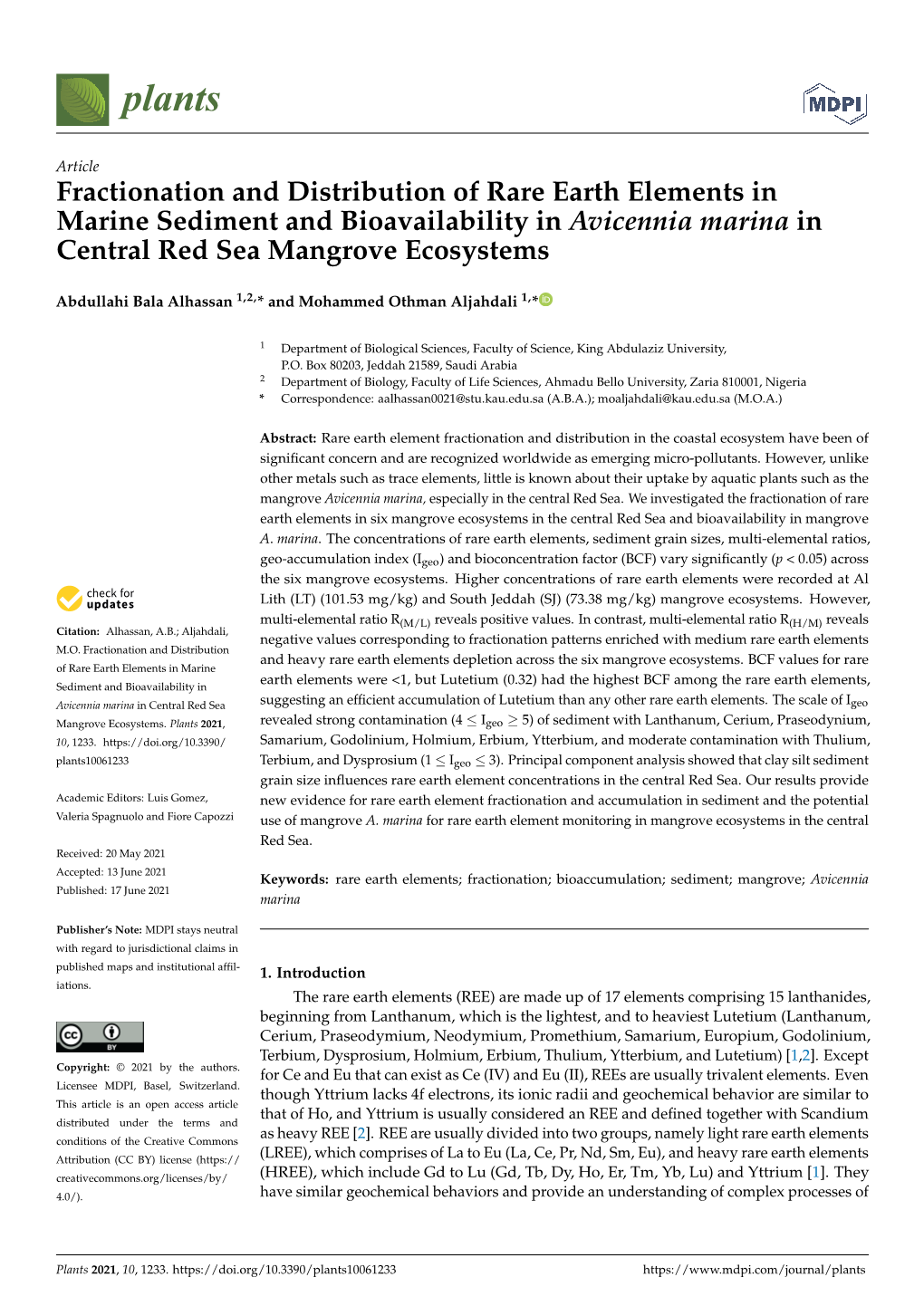 Fractionation and Distribution of Rare Earth Elements in Marine Sediment and Bioavailability in Avicennia Marina in Central Red Sea Mangrove Ecosystems