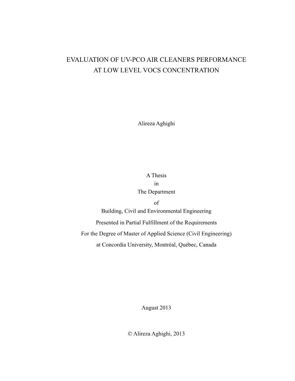 Evaluation of Uv-Pco Air Cleaners Performance at Low Level Vocs Concentration