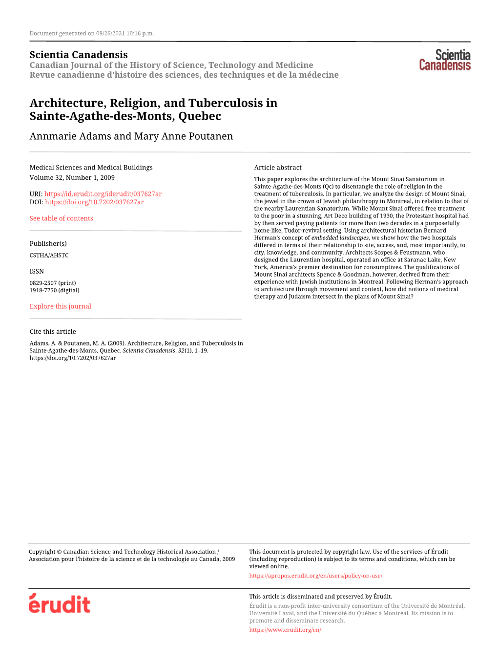 Architecture, Religion, and Tuberculosis in Sainte-Agathe-Des-Monts, Quebec Annmarie Adams and Mary Anne Poutanen
