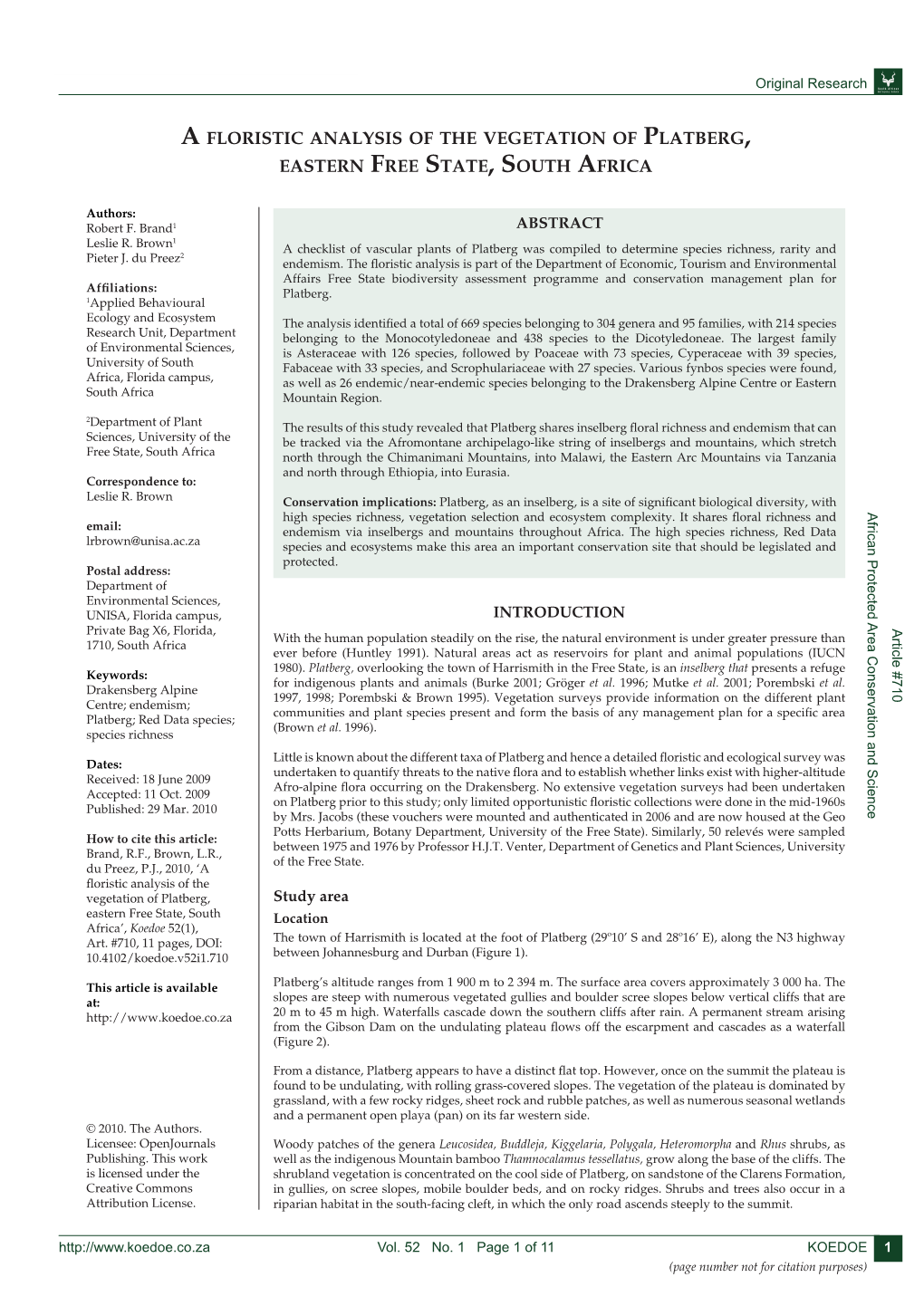 A Floristic Analysis of the Vegetation of Platberg, Eastern Free State, South Africa’, How to Cite This Article: 2 Pieter J