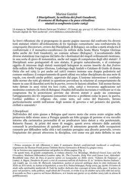 Marina Gazzini I Disciplinati, La Milizia Dei Frati Gaudenti, Il Comune Di Bologna E La Pace Cittadina: Statuti a Confronto (1261-1265)