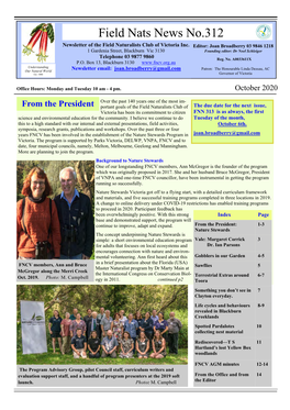Field Nats News No.312 Newsletter of the Field Naturalists Club of Victoria Inc