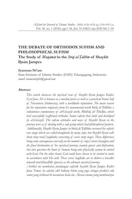 THE DEBATE of ORTHODOX SUFISM and PHILOSOPHICAL SUFISM the Study of Maqāmāt in the Sirāj Al-Ṭālibīn of Shaykh Iḥsān Jampes