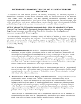 BCSD Policy 0115R Harassment Hazing Bullying Regulation