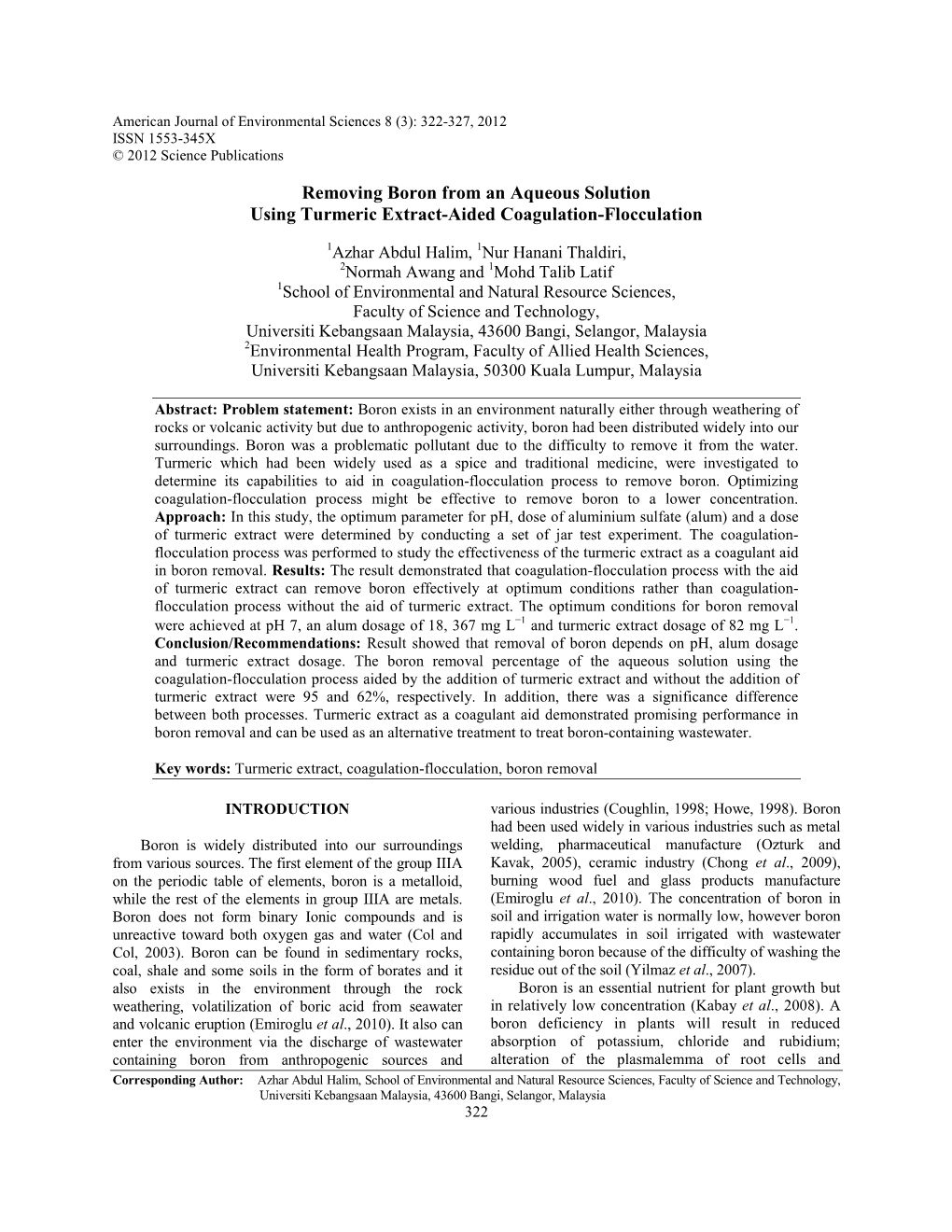 Removing Boron from an Aqueous Solution Using Turmeric Extract-Aided Coagulation-Flocculation