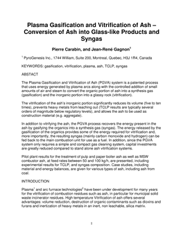 Plasma Gasification and Vitrification of Ash – Conversion of Ash Into Glass-Like Products and Syngas