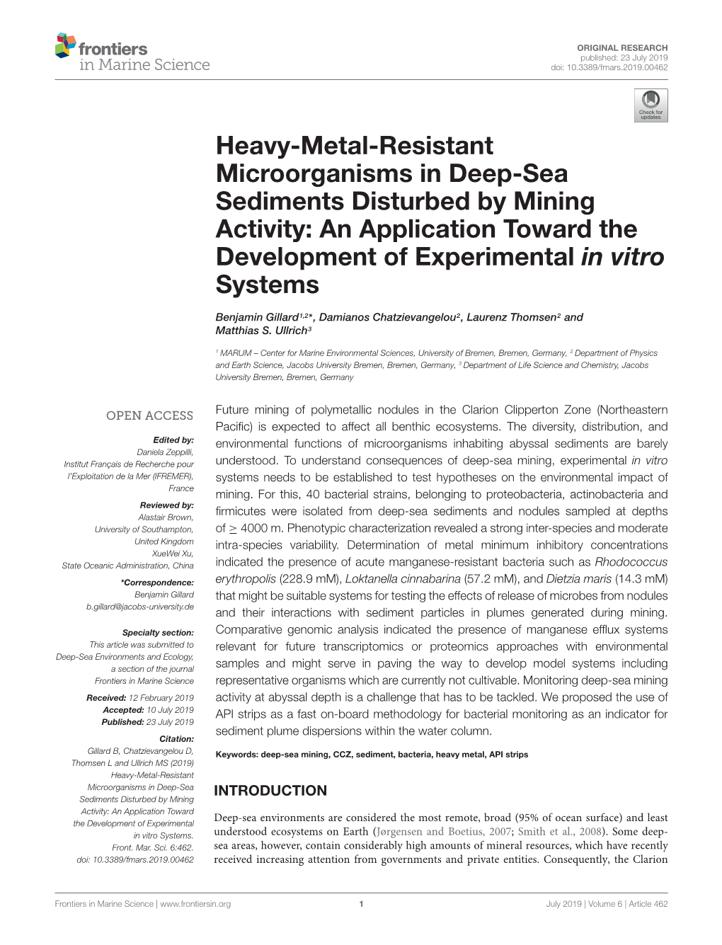 Heavy-Metal-Resistant Microorganisms in Deep-Sea Sediments Disturbed by Mining Activity: an Application Toward the Development of Experimental in Vitro Systems